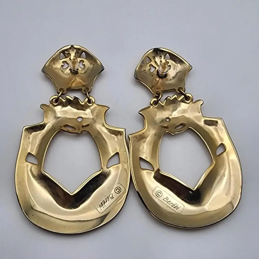Vintage Berebi Gold Tone, Cream, & Yellow Enamel Dangling Statement Earrings